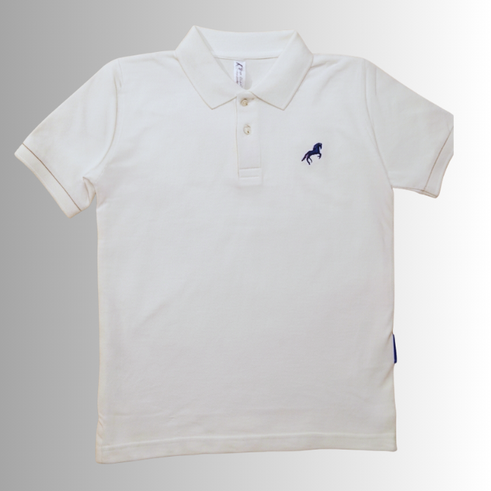 White Polo Shirt With Blue Horse Logo