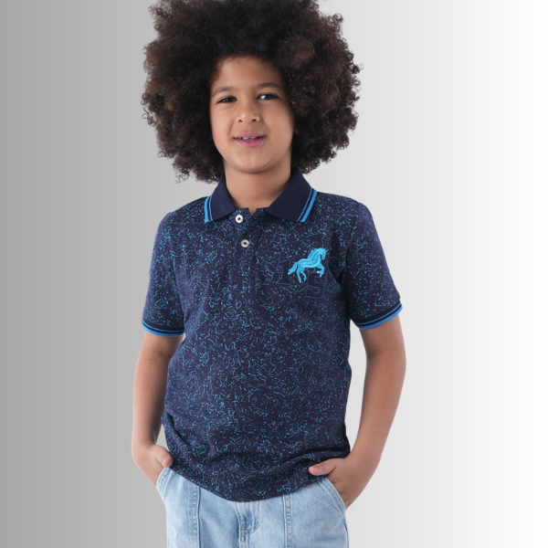 Navy Blue Abstract Polo Shirt With Denim Shorts