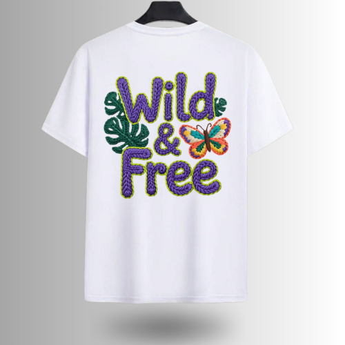 White Graphic T‑Shirt – “Wild & Free” Embroidered Nature Design