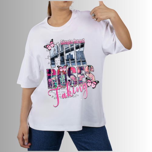 Graphic T‑Shirt – “Single Heart Pink Roses Faking” Butterfly Design