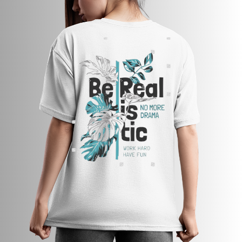 Graphic T‑Shirt – “Be Realistic” Tropical Leaf Design