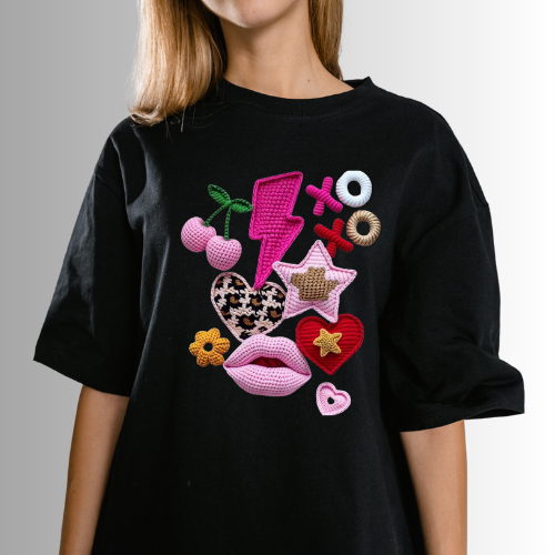 Graphic T‑Shirt – Colorful Embroidered Patch Design