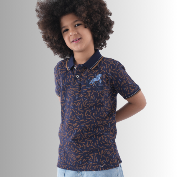 Navy Blue Patterned Polo Shirt With Denim Pants